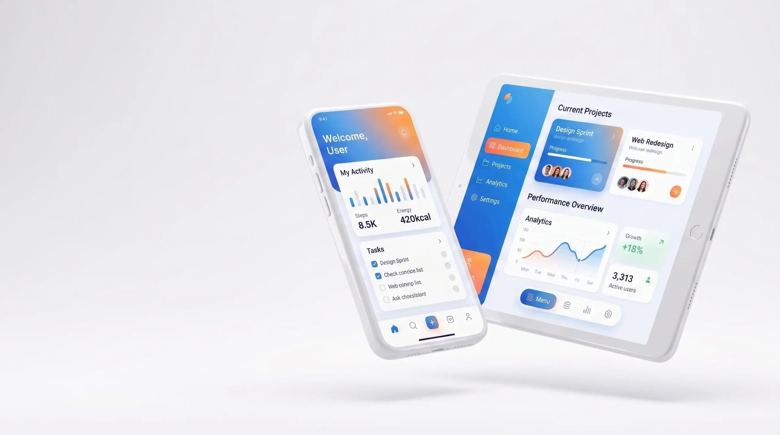 Minimalist 3D smartphone and tablet illustration representing Norex Studio's UI/UX design services