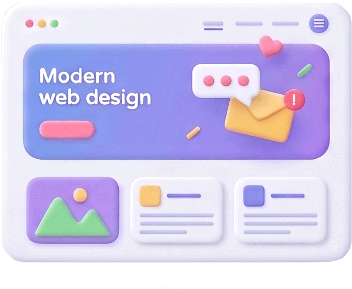 Modern website user interface screen with 3D graphic elements